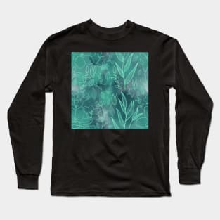 Watercolour Line Art Florals Green Long Sleeve T-Shirt